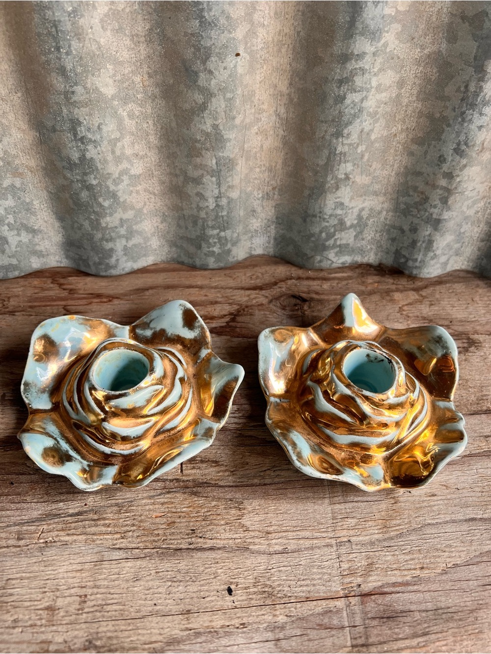 Vintage Mid-Century 22K Gold & Aqua Ceramic Rose Candle Holders - Pair